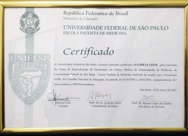 Certificado do Curso de Especialização de Fisioterapia em Clínica Médica pela UNIFESP - 29 de março de 2001