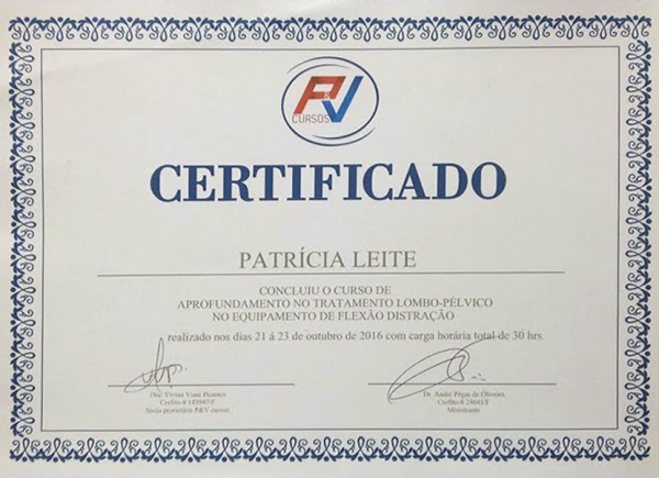 Certificado do Curso de Aprofundamento no Tratamento Lombo-Pélvico no Equipamento de Flexo-Distração pela RV Cursos - 21 a 23 de outubro de 2016