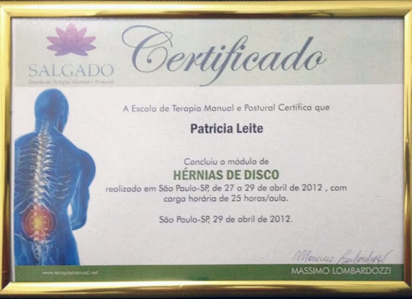 Certificado do Curso de Hérnias de Disco pelo Instituto Salgado - 29 de abril de 2012