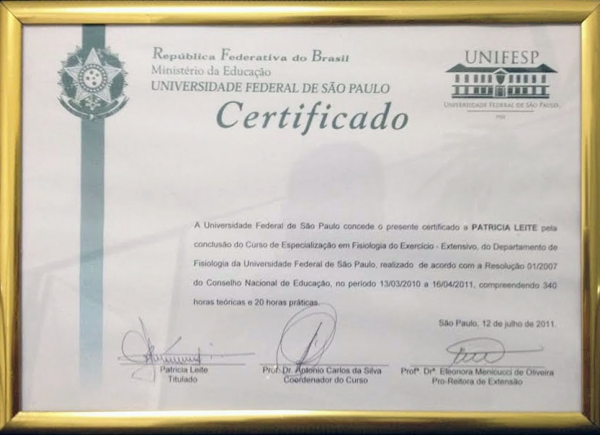 Certificado do Curso de Especialização em Fisiologia do Exercício pela UNIFESP - 12 de julho de 2011