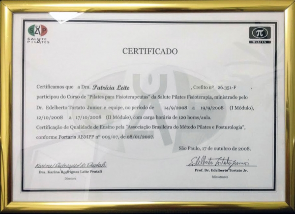 Certificado do Curso de Pilates para Fisioterapeutas pela Salute Pilates - 17 de outubro de 2008